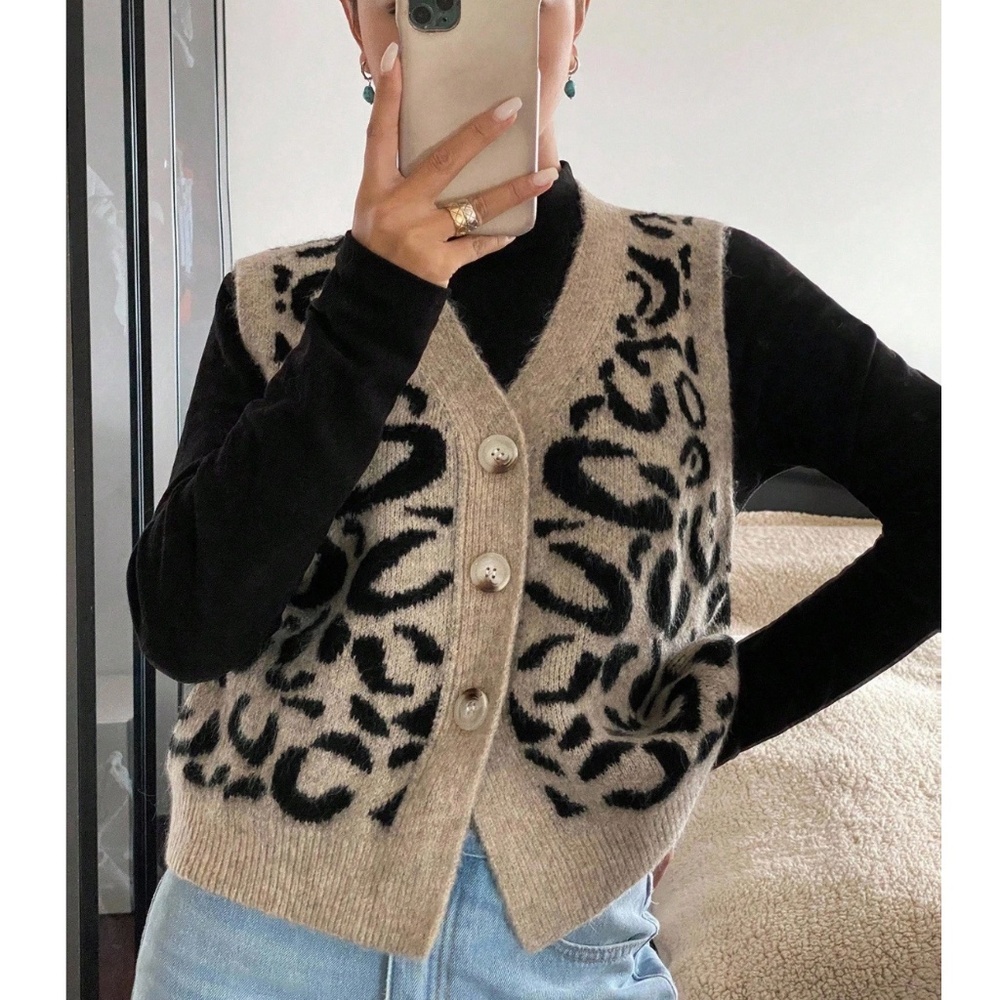Animal Print Cheetah Leopard Knit Button Up Vest Sweater Top Sleeveless